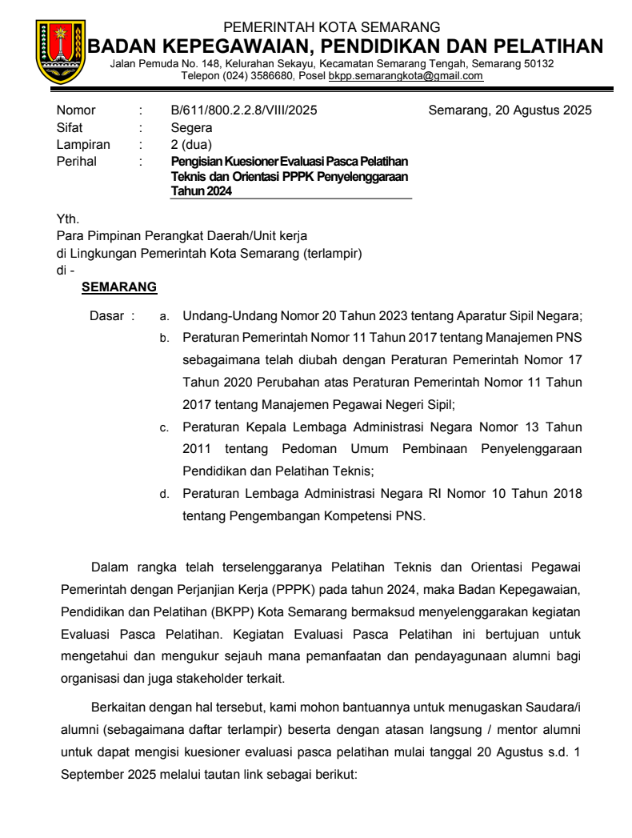 Pengisian Kuesioner Evaluasi Pasca Pelatihan Teknis dan Orientasi PPPK Penyelenggaraan Tahun 2024